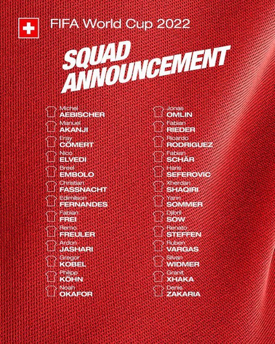 El seleccionado de fútbol de Suiza dio a conocer hoy la nómina de 26 jugadores que estarán en el Mundial de Qatar con el mediocampista del Arsenal inglés Granit Xhaka