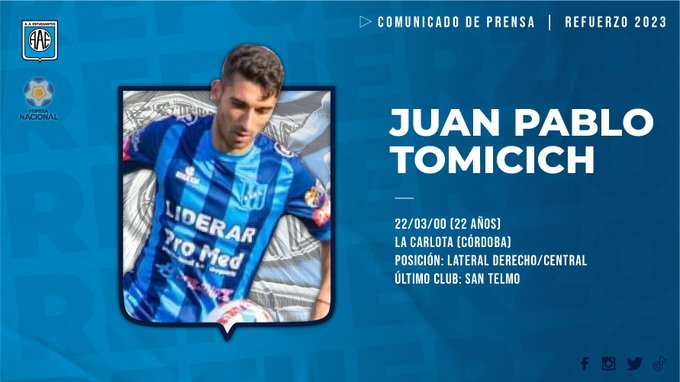 Estudiantes de Río Cuarto sumó en las últimas horas un nuevo refuerzo con miras a la participación en el certamen de la Primera Nacional con el arribo del lateral derecho Juan Pablo Tomicich.