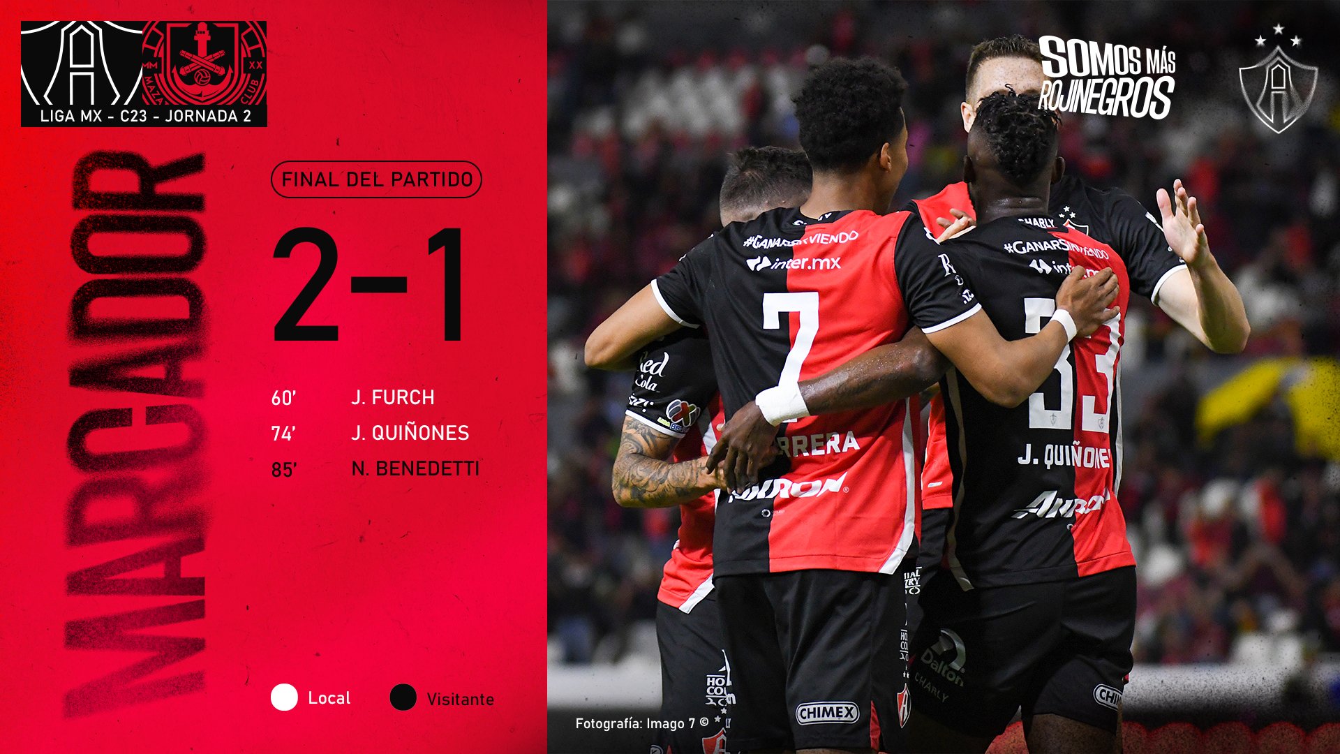 Atlas hizo mejor las cosas en la parte complementaria y con goles de Julio Furch y Julián Quiñones venció 2-1 al Mazatlán