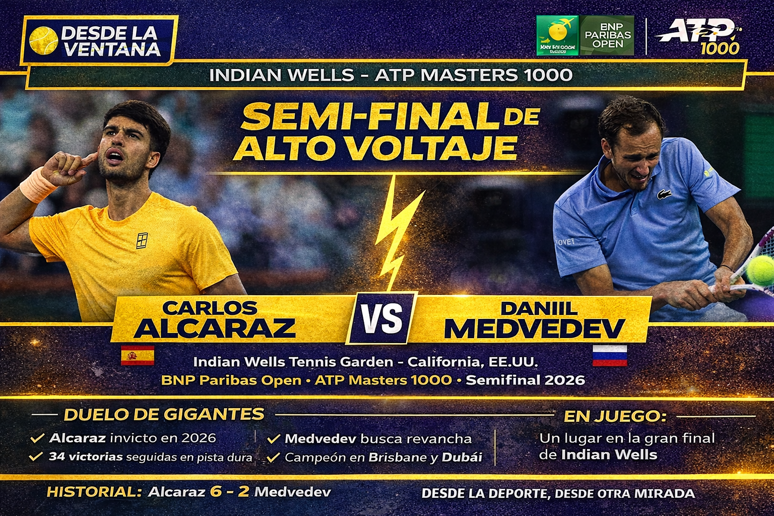 Alcaraz enfrenta a Medvedev en la semifinal de Indian Wells. El español llega invicto en 2026 y con una racha histórica en pista dura.