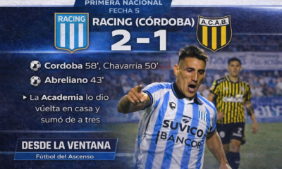 Racing de Córdoba remontó y derrotó 2-1 a Almirante Brown en la Primera Nacional con goles de Chavarría y Córdoba en el Miguel Sancho.