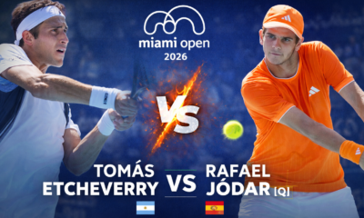Tomás Etcheverry enfrenta a Rafael Jódar en un domingo clave del Miami Open 2026, con Alcaraz, Korda, Landaluce y Khachanov también en acción.