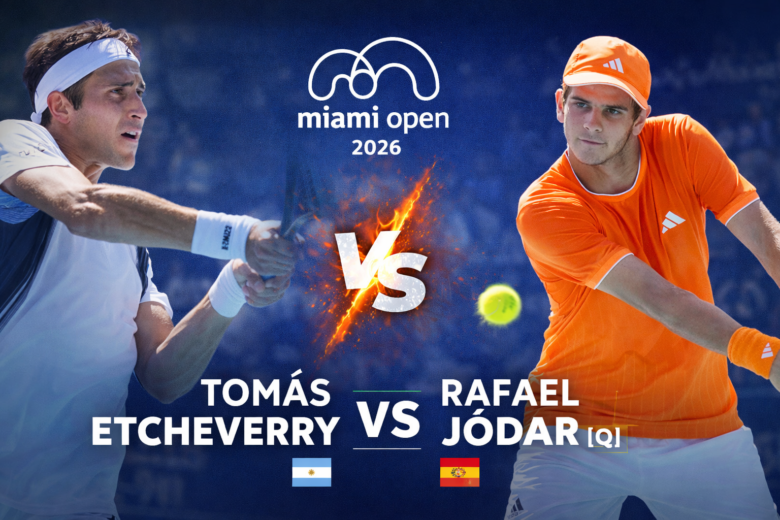 Tomás Etcheverry enfrenta a Rafael Jódar en un domingo clave del Miami Open 2026, con Alcaraz, Korda, Landaluce y Khachanov también en acción.