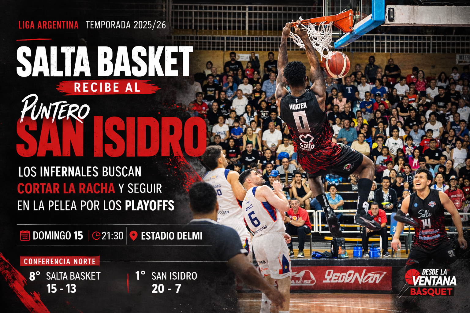 Salta Basket recibe al líder San Isidro en el Estadio Delmi. Los Infernales necesitan ganar para sostener sus chances de playoffs.