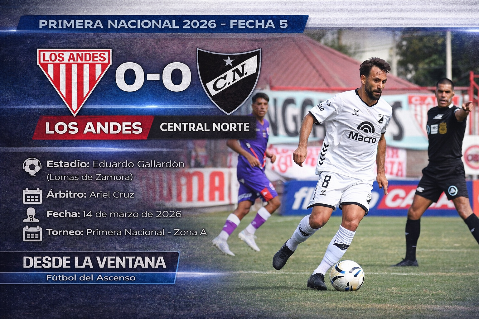 Central Norte empató 0-0 con Los Andes en Lomas de Zamora por la Primera Nacional 2026 y sigue sin ganar ni marcar goles en el torneo.