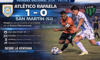 Atlético Rafaela venció 1-0 a San Martín de San Juan con gol de Protti y sumó su segundo triunfo consecutivo en la Primera Nacional.