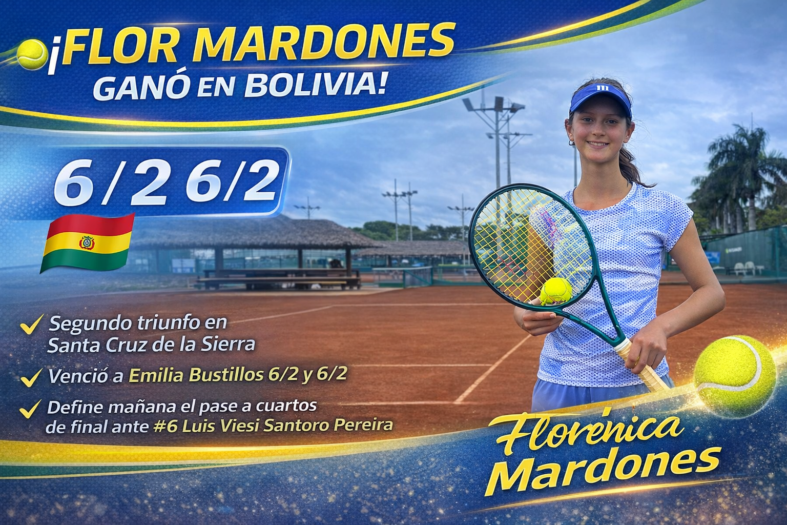 Florencia Mardones buscará este jueves el pase a cuartos de final en Santa Cruz de la Sierra ante la brasileña Luiza Viesi Santoro Pereira
