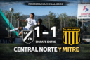 Central Norte empató 1-1 con Mitre por la fecha 9 de la Primera Nacional. Mancuso marcó y Calderón convirtió en contra sobre el final.
