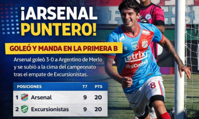 Arsenal goleó a Argentino de Merlo, logró su quinta seguida y quedó como único puntero de la Primera B tras el empate de Excursionistas.