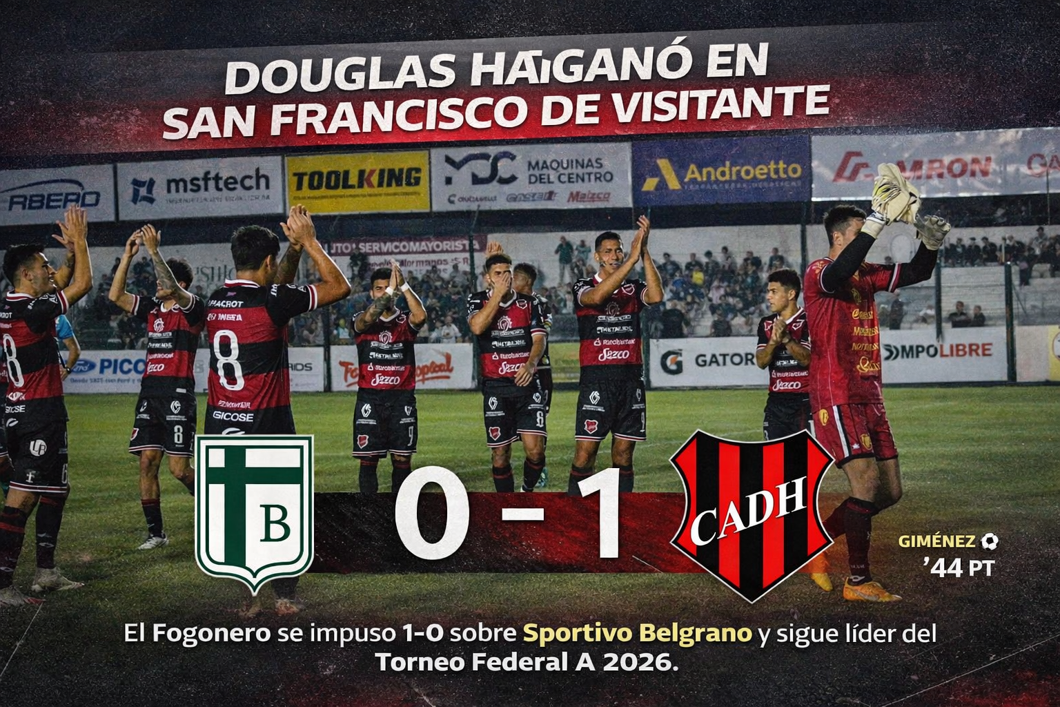 Douglas Haig venció 1-0 a Sportivo Belgrano en San Francisco, logró su quinta victoria consecutiva y continúa como líder absoluto