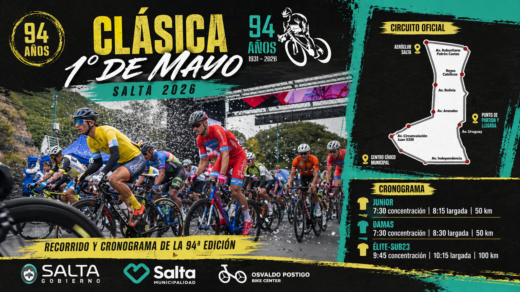 La Clásica 1° de Mayo 2026 celebrará su 94ª edición en Salta con más de 250 ciclistas, un circuito urbano exigente, premios millonarios