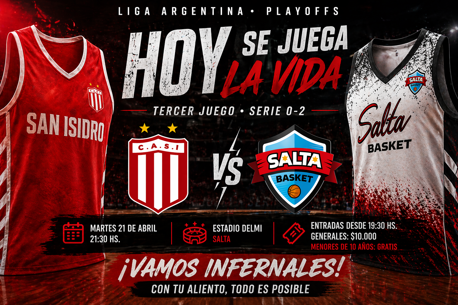 Salta Basket recibe hoy a San Isidro en el Delmi por el tercer juego de los octavos de final de la Liga Argentina. Los Infernales están 0-2