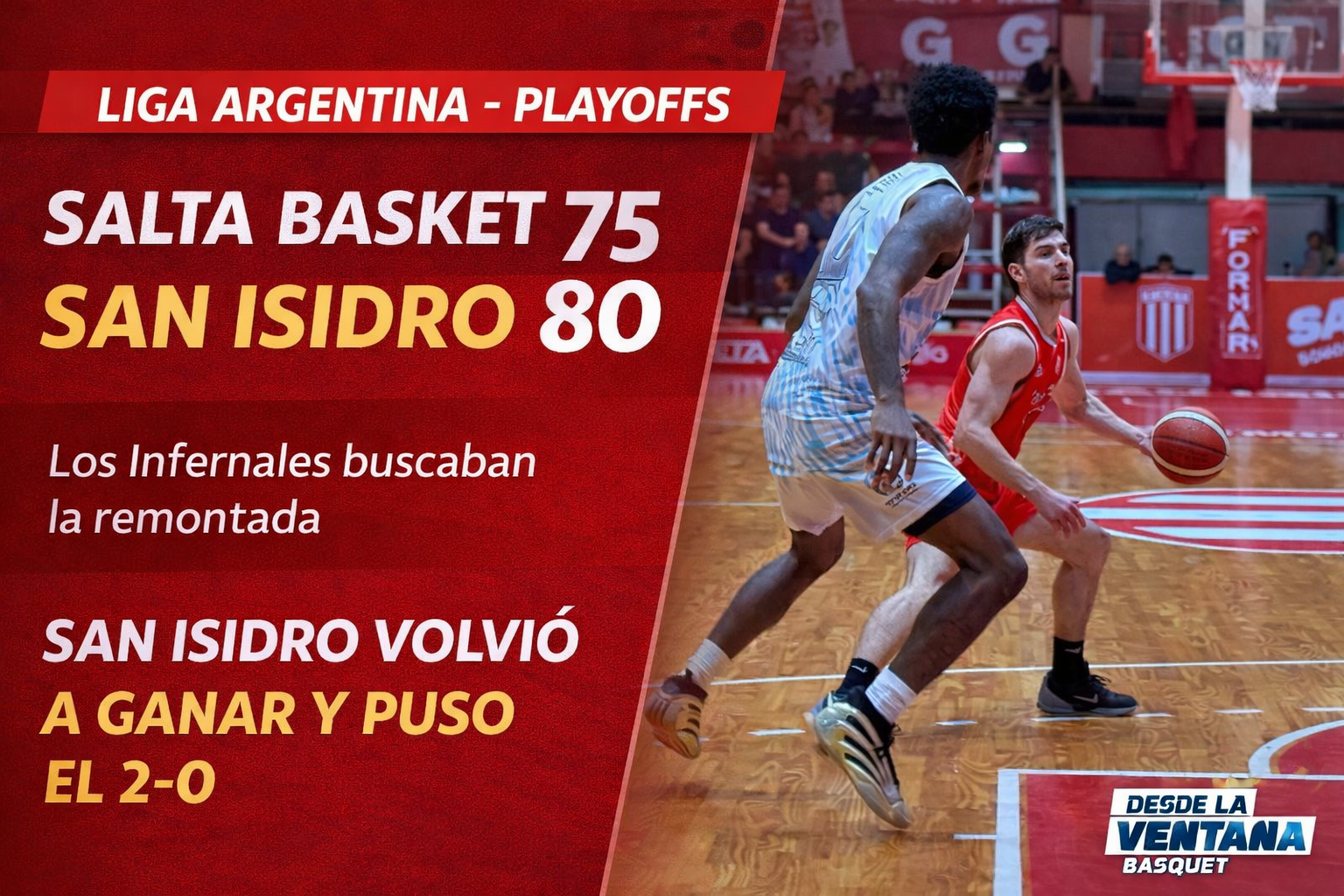 Salta Basket perdió 80-75 ante San Isidro en el segundo juego de los octavos de la Liga Argentina. Los Infernales reaccionaron en el cierre