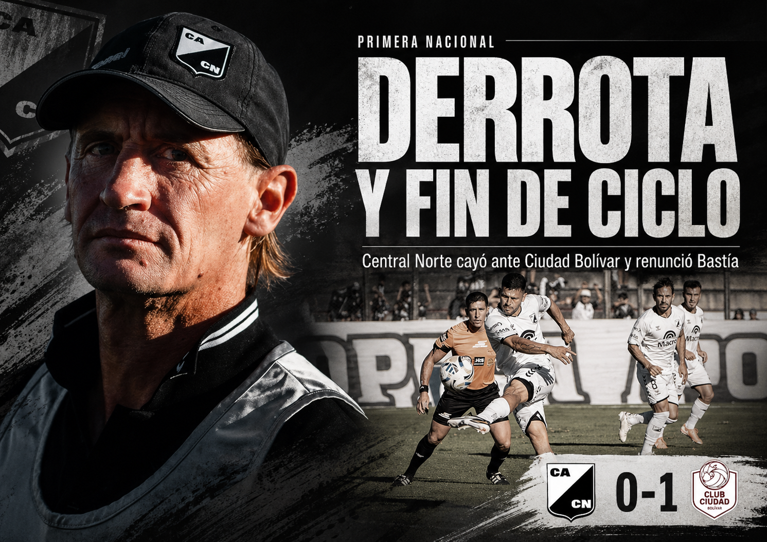 Central Norte perdió 1-0 ante Ciudad de Bolívar en Salta, quedó en zona de descenso y Adrián Bastía renunció como técnico.