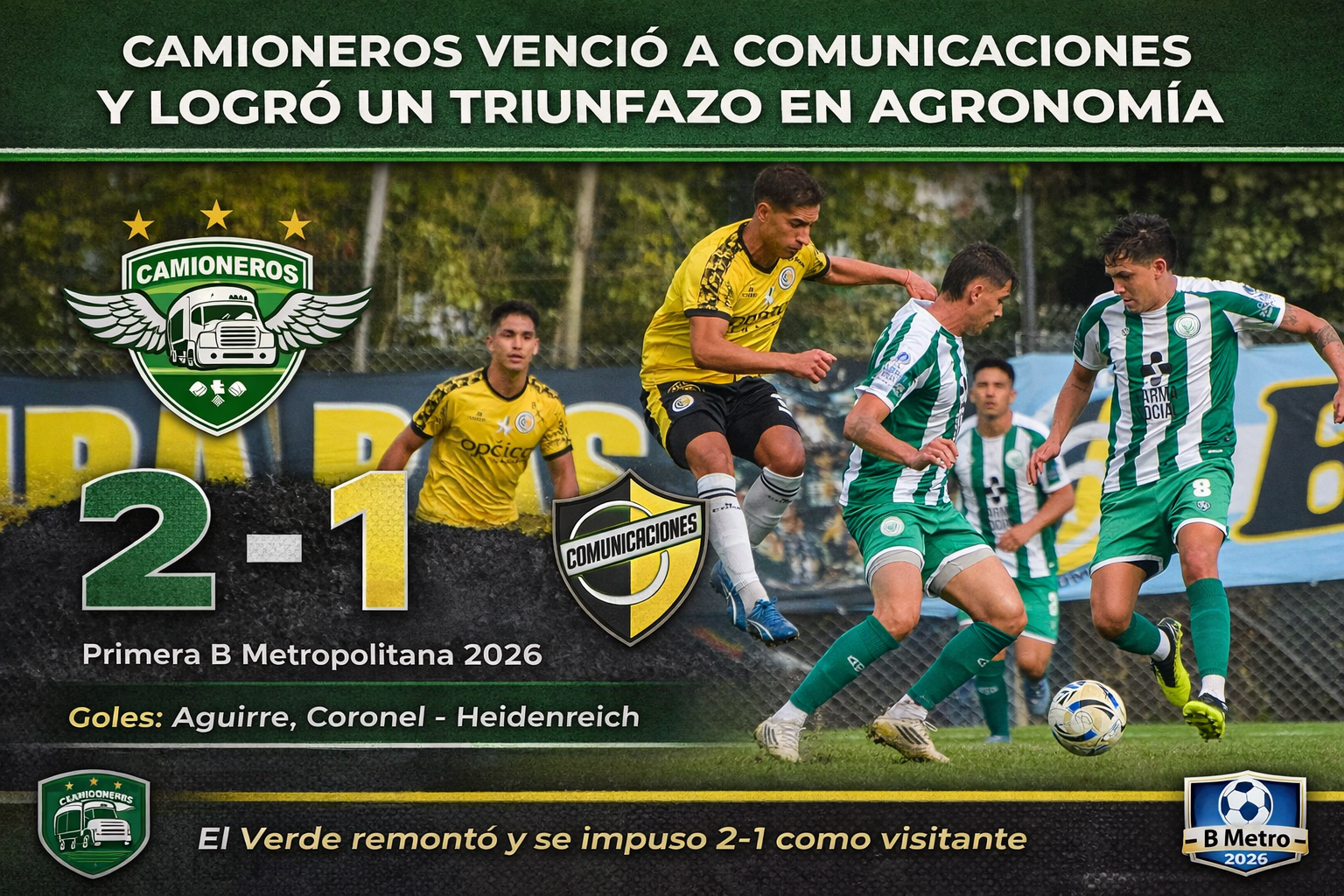 Camioneros derrotó 2-1 a Comunicaciones como visitante por la fecha 11 de la Primera B Metropolitana 2026. Aguirre y Coronel marcaron