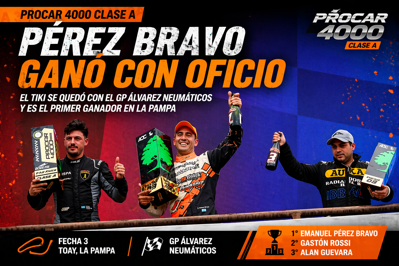 Emmanuel Pérez Bravo ganó la final del Procar 4000 Clase A en Toay, escoltado por Gastón Rossi y Alan Guevara, en una carrera intensa
