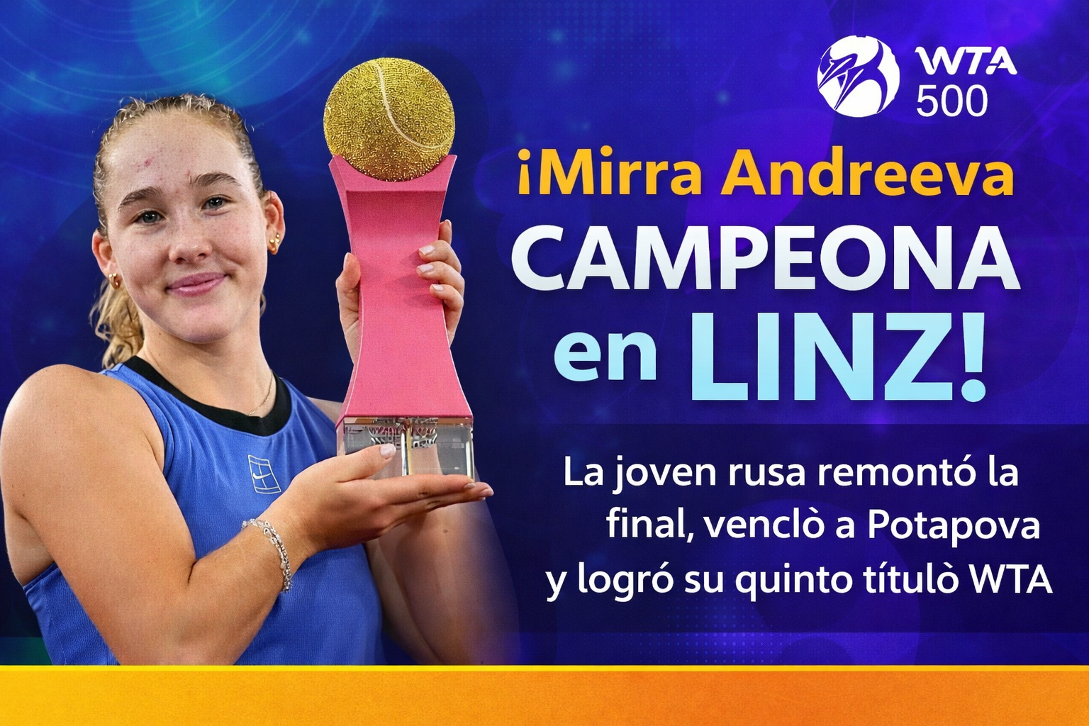 Mirra Andreeva remontó ante Anastasia Potapova, ganó el WTA 500 de Linz y logró su quinto título WTA con apenas 18 años.