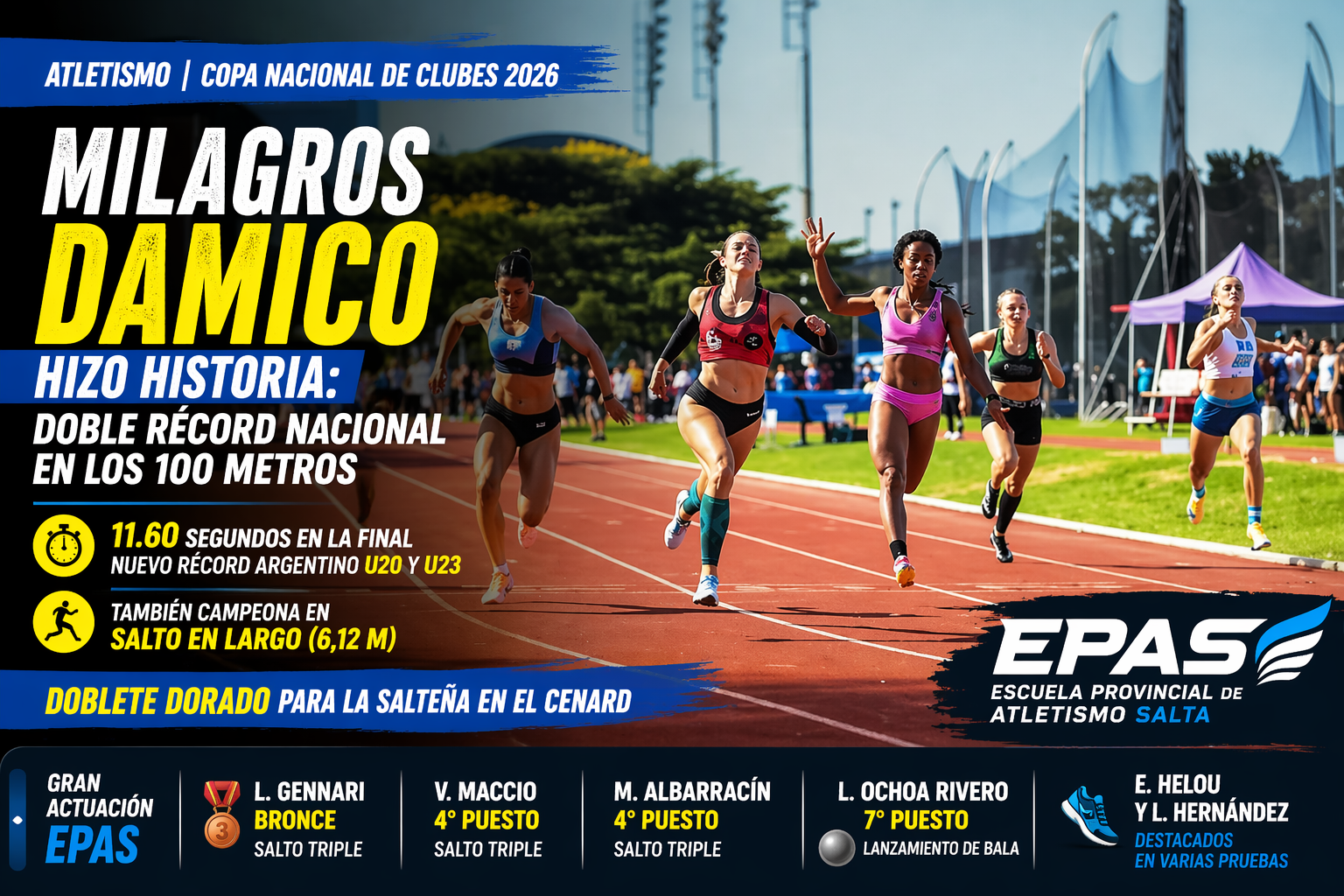 Milagros Damico hizo historia en el Cenard con doble récord nacional en los 100 metros y dos medallas de oro. Gran actuación de la EPAS