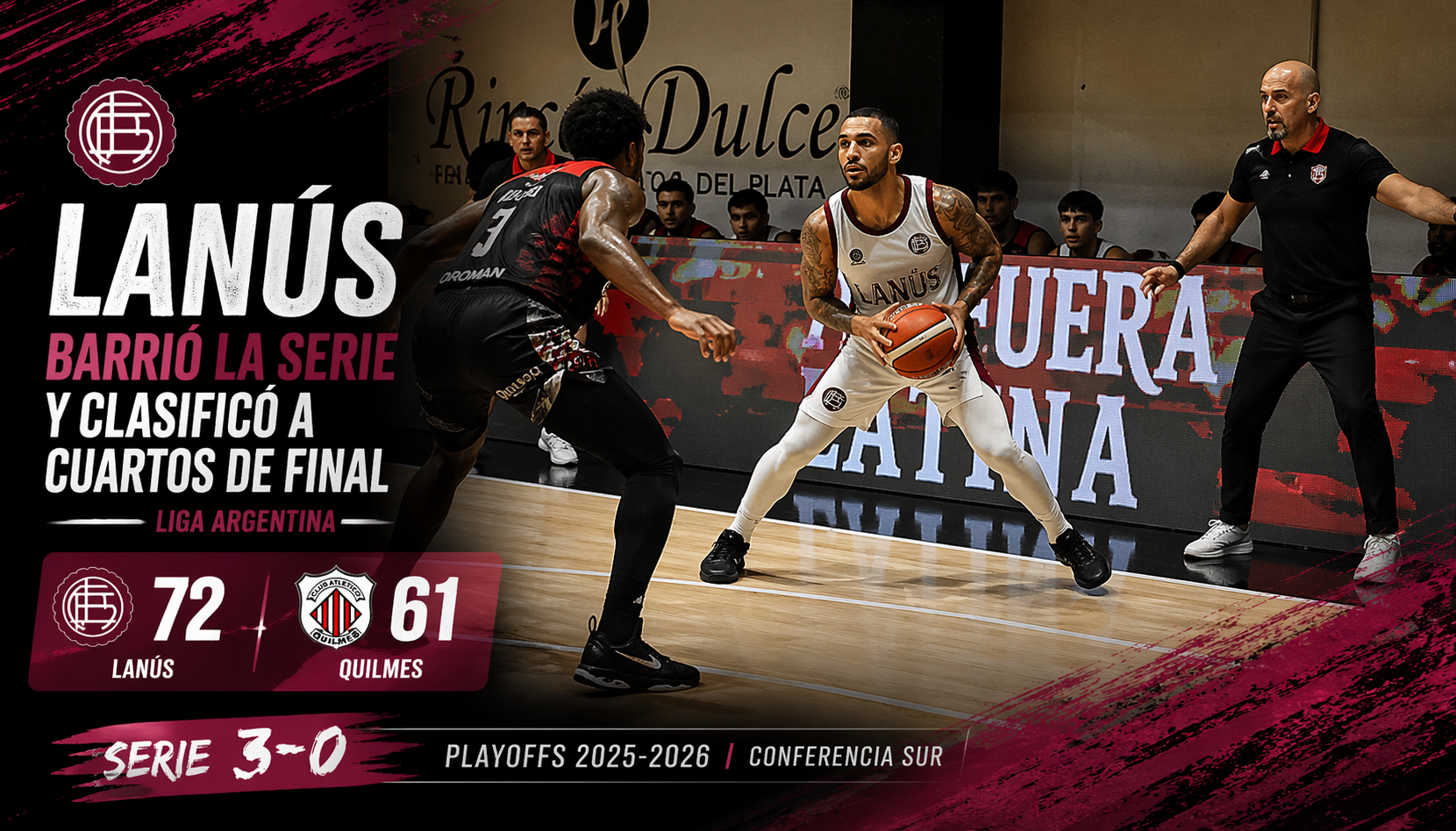Lanús venció a Quilmes 72-61 y cerró la serie 3-0 para avanzar a cuartos de final en la Liga Argentina. Dominio total del Granate en la Conferencia Sur.