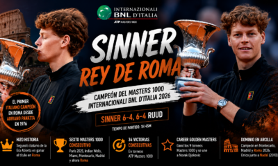 Jannik Sinner campeón Roma: venció a Casper Ruud por 6-4 y 6-4, ganó el Masters 1000 y completó el Golden Masters.