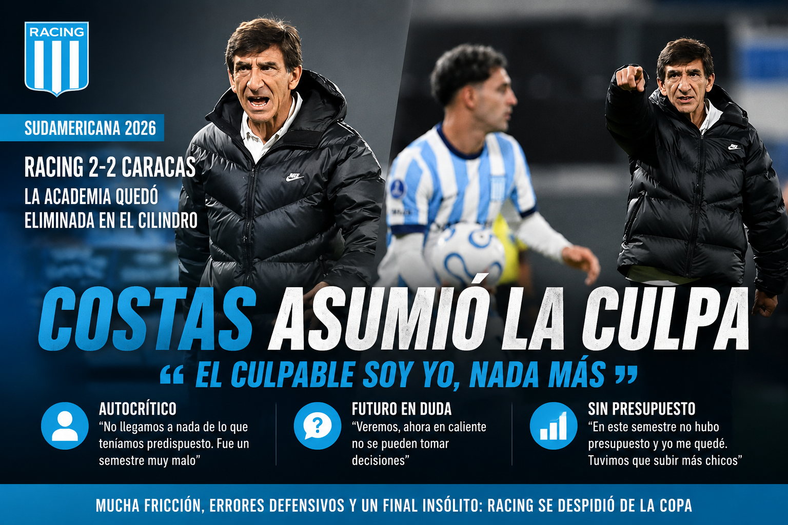 Costas asumió la culpa tras la eliminación de Racing en la Sudamericana y dejó abierta la duda sobre su continuidad.