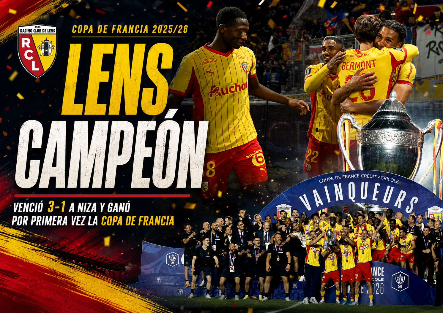 Lens derrotó 3-1 a Niza en el Stade de France y ganó por primera vez la Copa de Francia, coronando una temporada histórica.