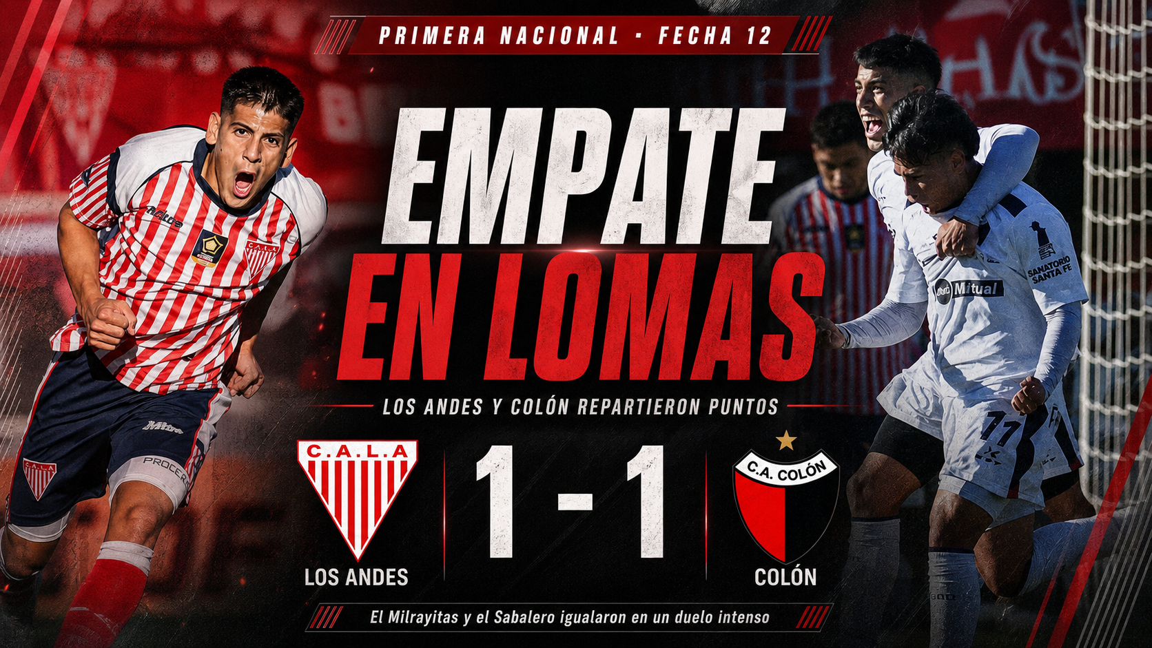 Los Andes y Colón de Santa Fe empataron 1-1 en Lomas de Zamora. Sarmiento abrió el marcador y Villarreal igualó para el Milrayitas.