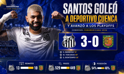 Santos goleó 3-0 a Deportivo Cuenca en Vila Belmiro, avanzó a los playoffs de la Sudamericana y dejó eliminado al equipo ecuatoriano.