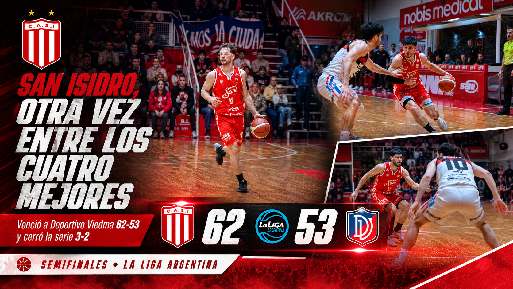 San Isidro venció a Deportivo Viedma por 62 a 53 en el quinto juego, ganó la serie 3-2 y se metió entre los cuatro de La Liga Argentina.