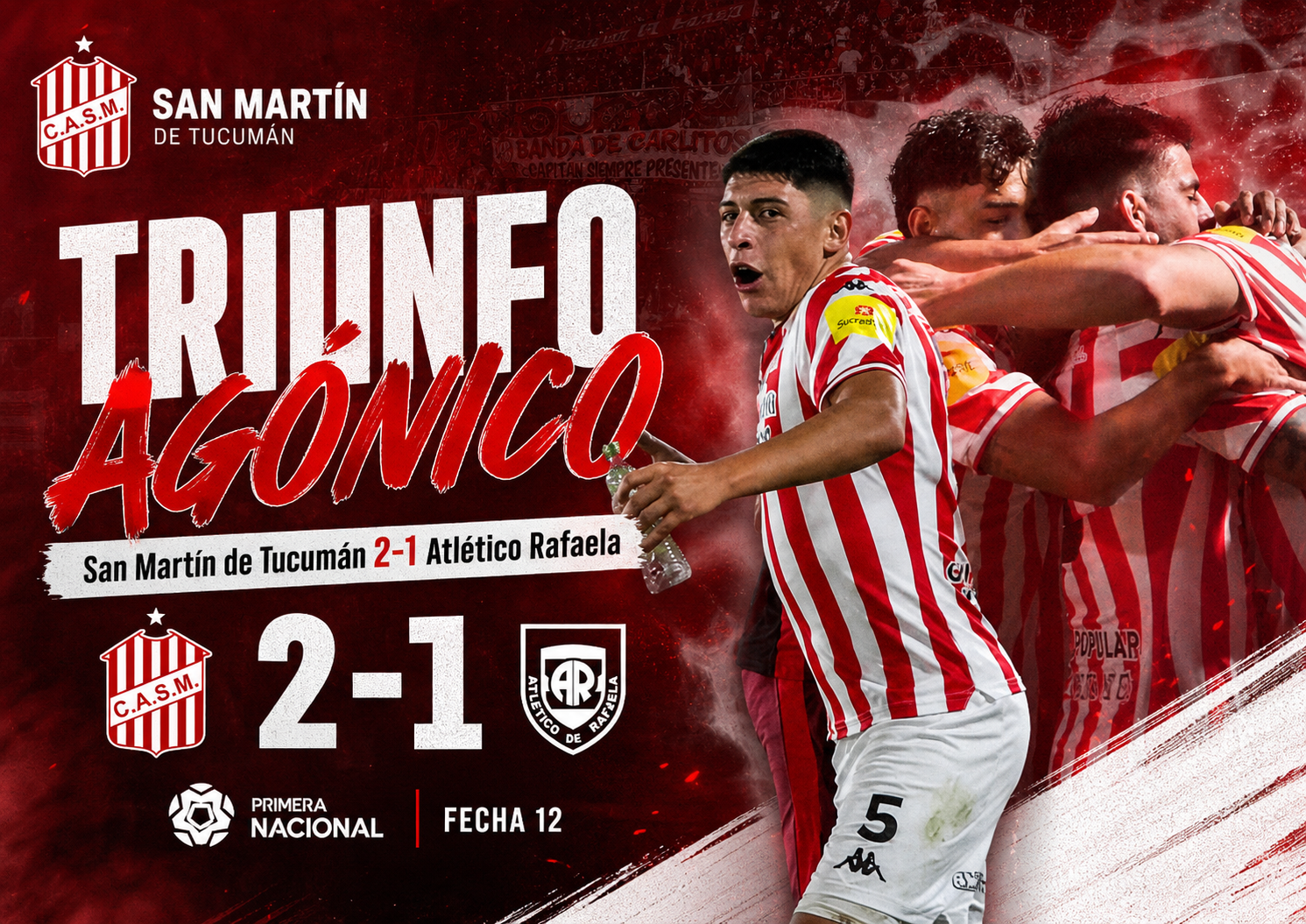 San Martín de Tucumán venció 2-1 a Atlético Rafaela por la fecha 12 de la Primera Nacional. Pons abrió el marcador y Nicolás Ferreyra selló el triunfo agónico.
