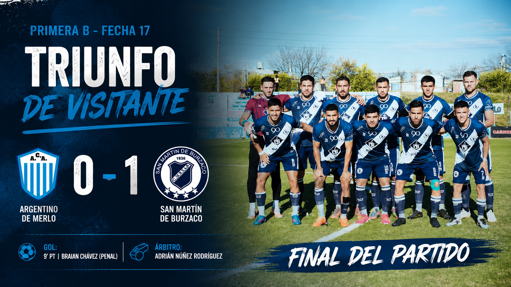 San Martín de Burzaco venció 1-0 a Argentino de Merlo como visitante, con gol de Braian Chávez de penal, y se metió en la pelea