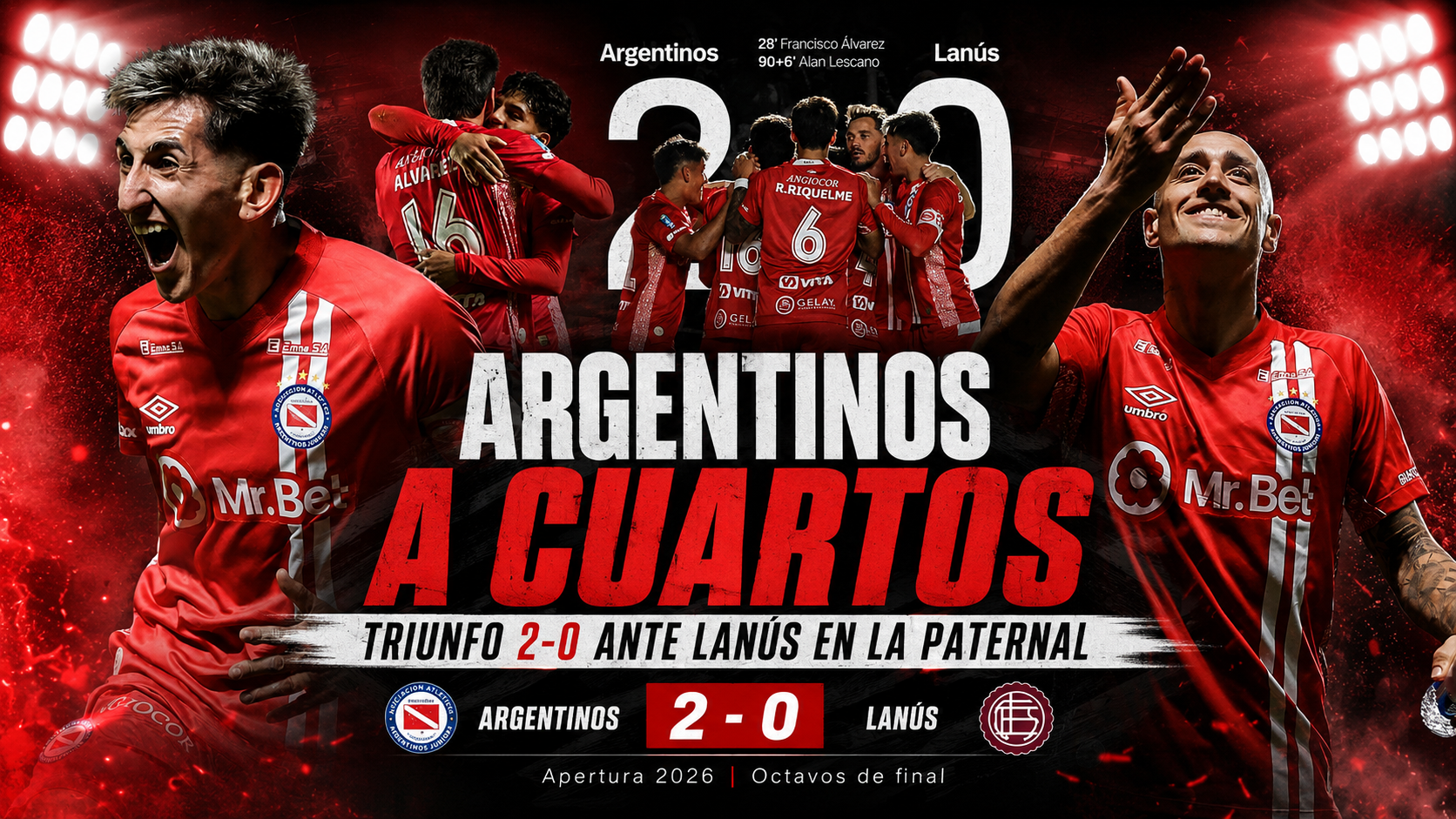 Argentinos Juniors derrotó 2-0 a Lanús en La Paternal por los octavos del Torneo Apertura, con goles de Francisco Álvarez y Alan Lescano