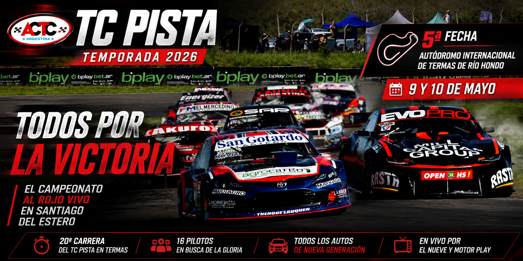 El TC Pista llega a Termas de Río Hondo para disputar la quinta fecha 2026. Bautista Damiani lidera el campeonato, Eugenio Provens lo sigue