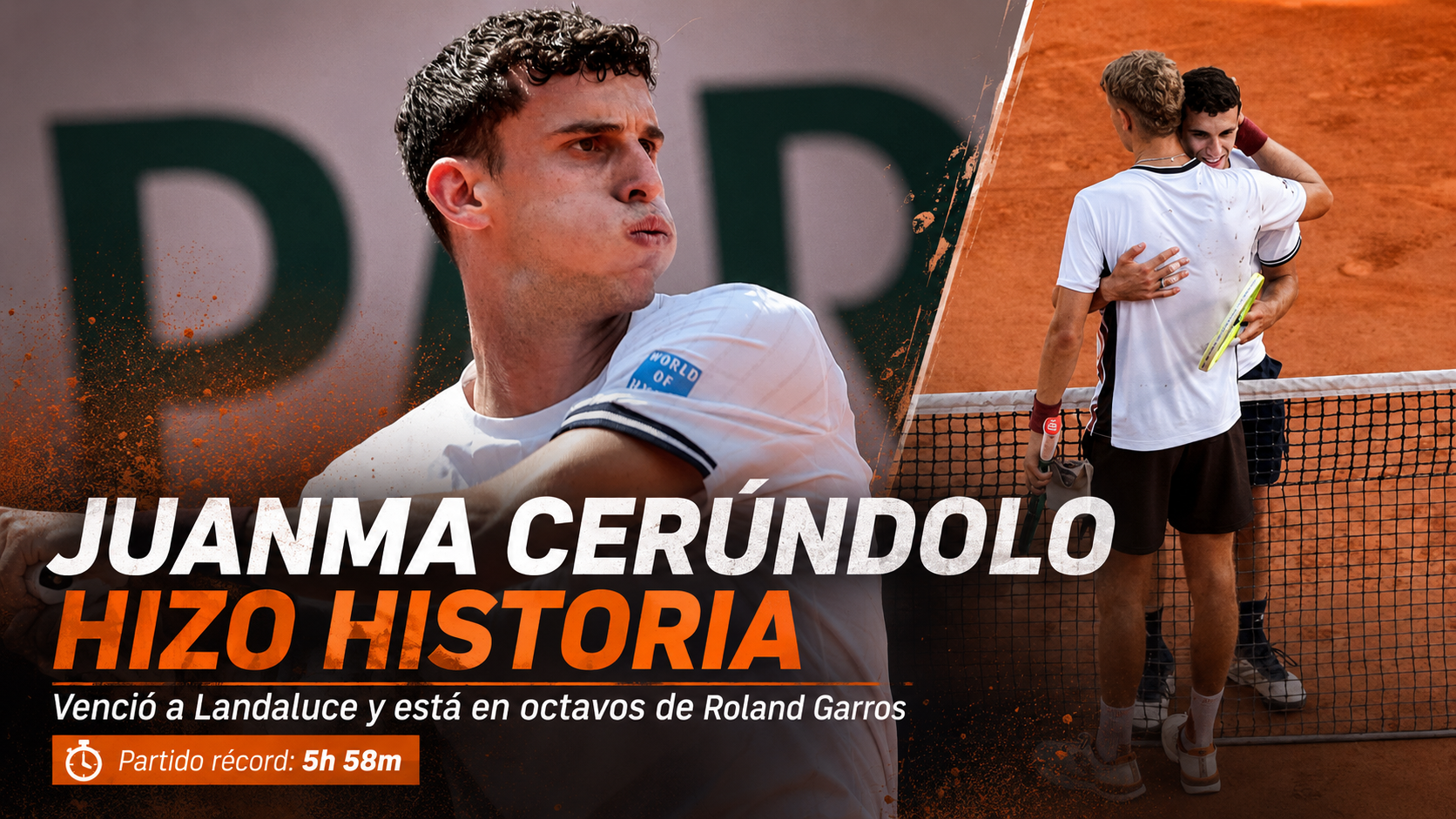 Juan Manuel Cerúndolo venció a Martín Landaluce por 6-4, 6-7, 7-6, 6-7 y 7-6 en Roland Garros 2026 y avanzó a octavos.