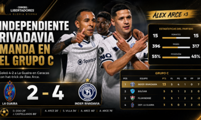 Independiente Rivadavia goleó 4-2 a Deportivo La Guaira en Caracas por la Copa Libertadores, con un hat-trick de Álex Arce