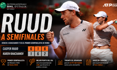 Casper Ruud en Roma venció a Karen Khachanov por 6-1, 1-6 y 6-2 y avanzó a semifinales del Masters 1000.
