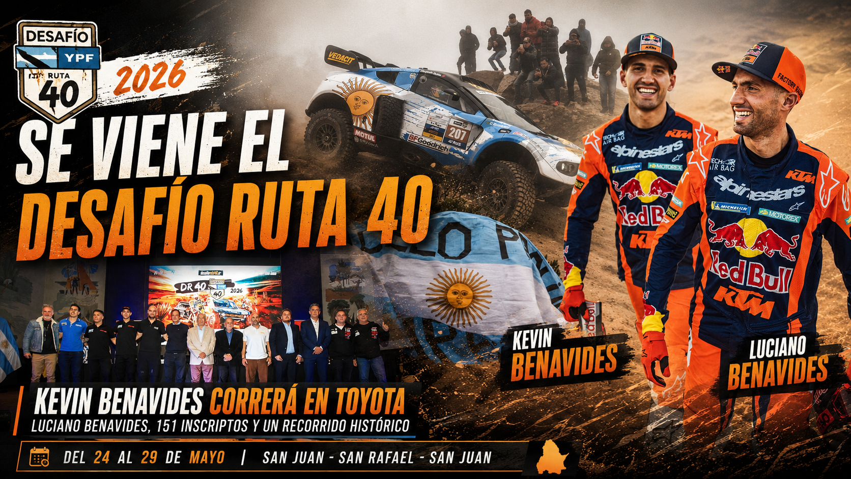 El Desafío Ruta 40 YPF 2026 tendrá 151 inscriptos, recorrido por San Juan y San Rafael, y el debut de Kevin Benavides en Toyota.