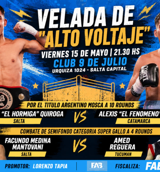 Ramón “El Hormiga” Quiroga peleará ante Alexis Apaza por el título argentino mosca en la velada de Alto Voltaje en el Club 9 de Julio.