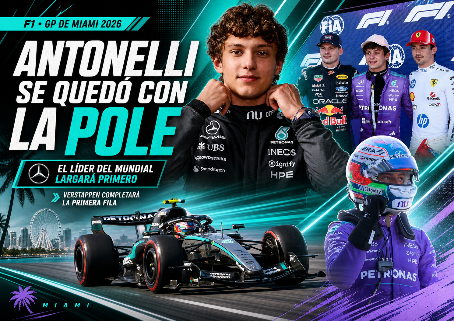 Kimi Antonelli firmó una pole fantástica en la clasificación de Miami 2026. El líder del Mundial superó la presión de McLaren