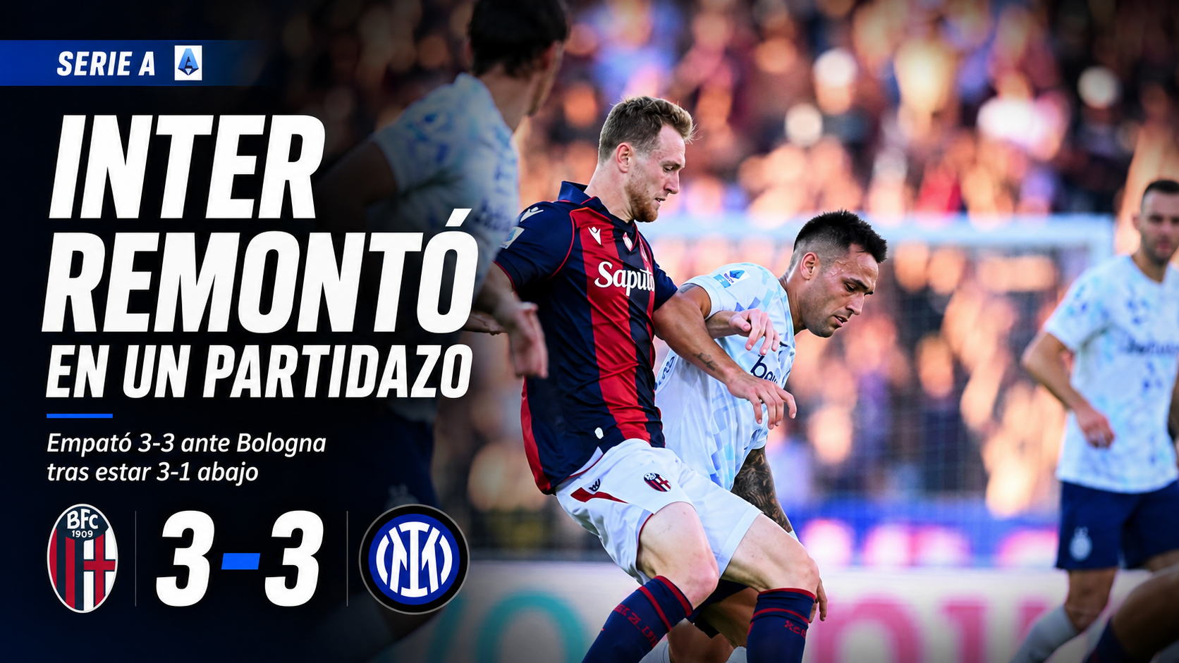 Inter remontó un 3-1 ante Bologna y cerró la Serie A con un vibrante 3-3 en el Renato Dall’Ara, con goles de Dimarco, Esposito y Diouf.