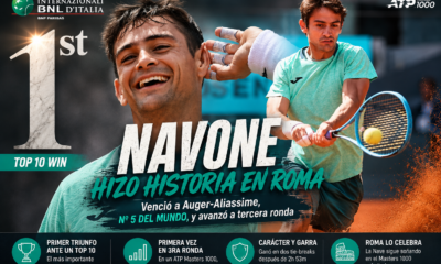 Mariano Navone en Roma venció a Félix Auger-Aliassime por 7-6 y 7-6, logró su primer triunfo Top 10 y avanzó a tercera ronda.