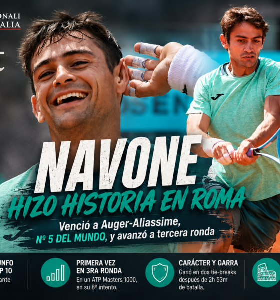 Mariano Navone en Roma venció a Félix Auger-Aliassime por 7-6 y 7-6, logró su primer triunfo Top 10 y avanzó a tercera ronda.