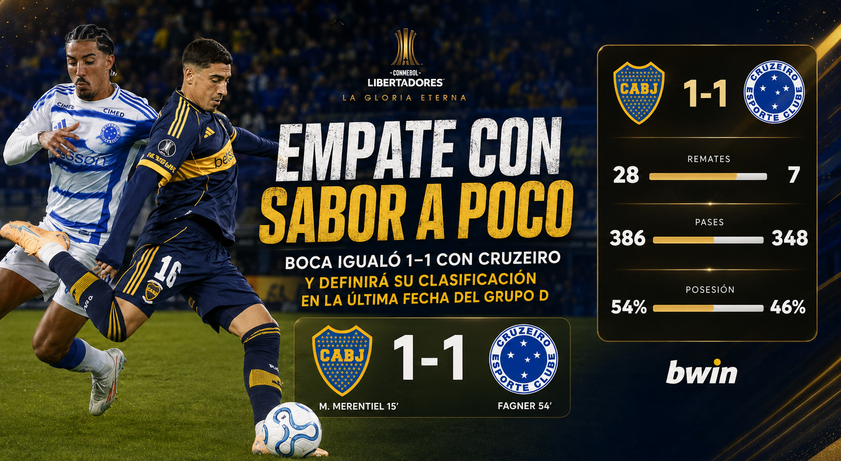 Boca empató 1-1 con Cruzeiro en La Bombonera. Merentiel marcó para el Xeneize, que definirá su clasificación en la última fecha.
