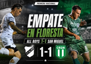 San Miguel y All Boys igualaron 1-1 por la fecha 12 de la Primera Nacional. Almeida abrió el marcador y Bruno Medina rescató al Albo.