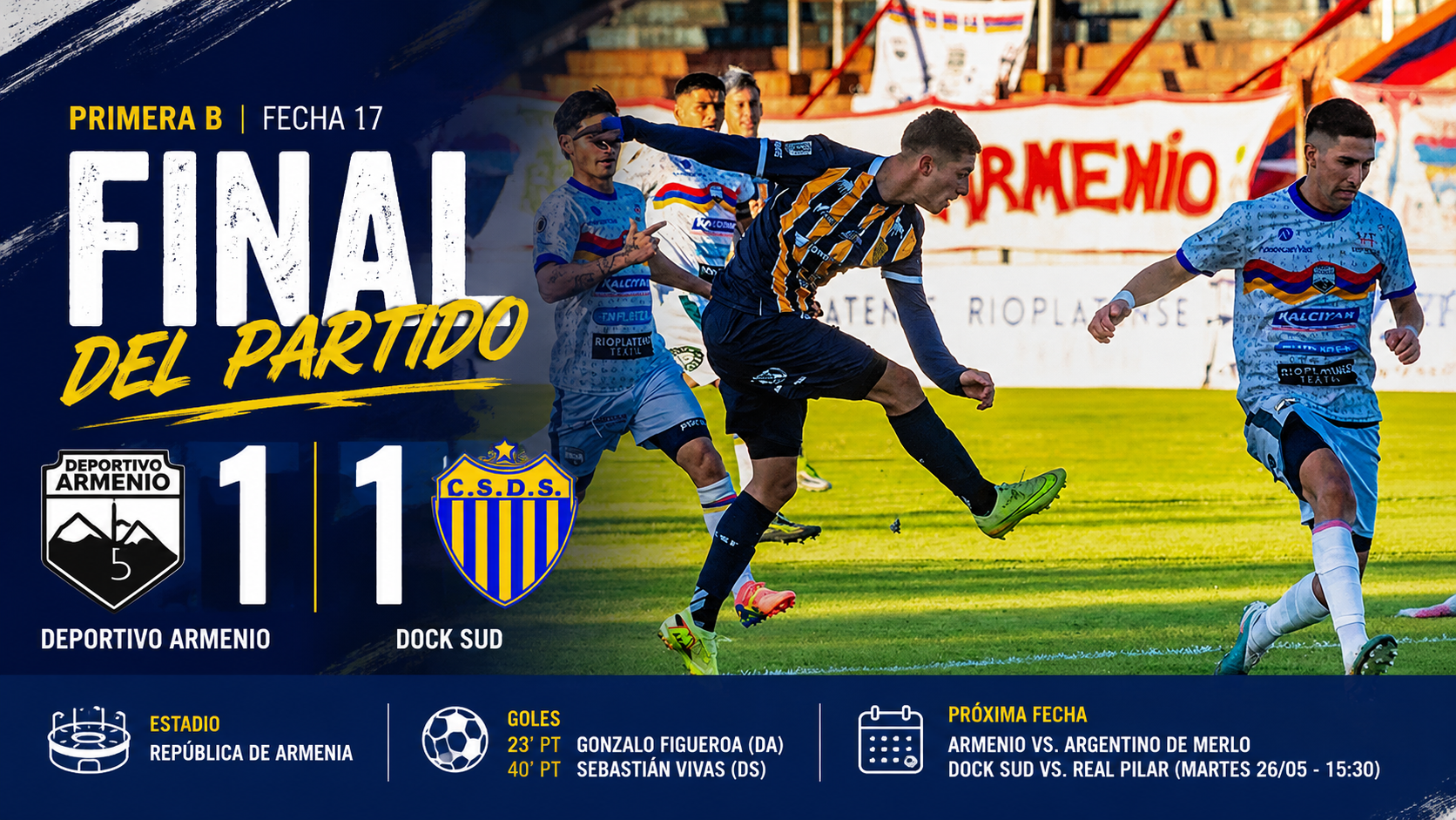 Deportivo Armenio empató 1-1 con Dock Sud por la fecha 17 de la Primera B. Gonzalo Figueroa marcó para el Tricolor
