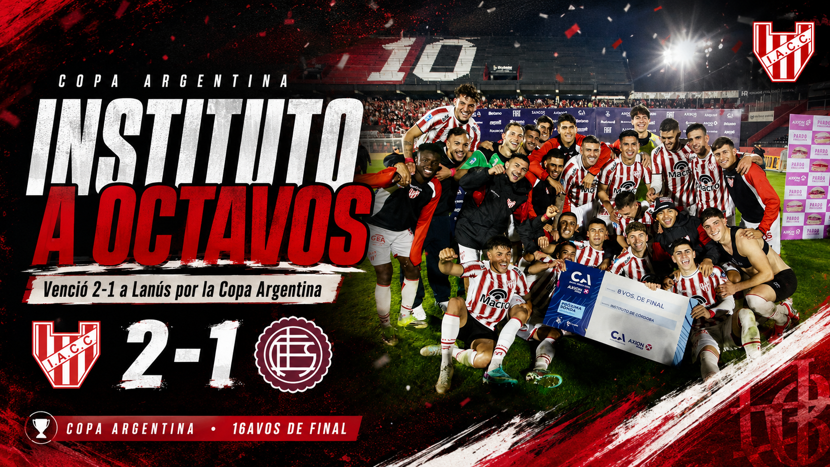Instituto derrotó 2-1 a Lanús en Rosario, avanzó a los octavos de final de la Copa Argentina 2026 y enfrentará a Platense