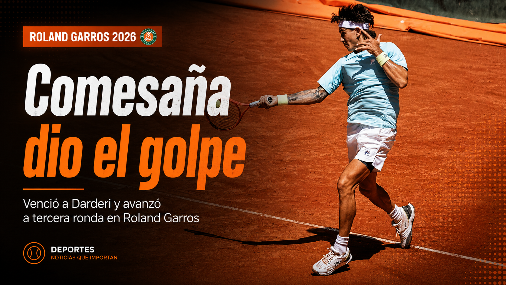 Francisco Comesaña venció a Luciano Darderi por 7-6, 4-6, 6-4, 2-6 y 6-4 en Roland Garros 2026 y avanzó a tercera ronda.