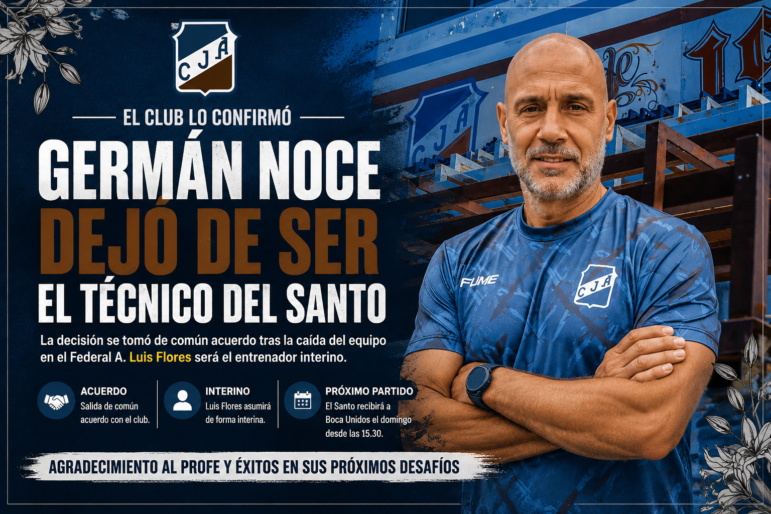 Germán Noce dejó de ser el técnico de Juventud Antoniana tras la caída del equipo en el Federal A. Luis Flores asumirá de forma interina.