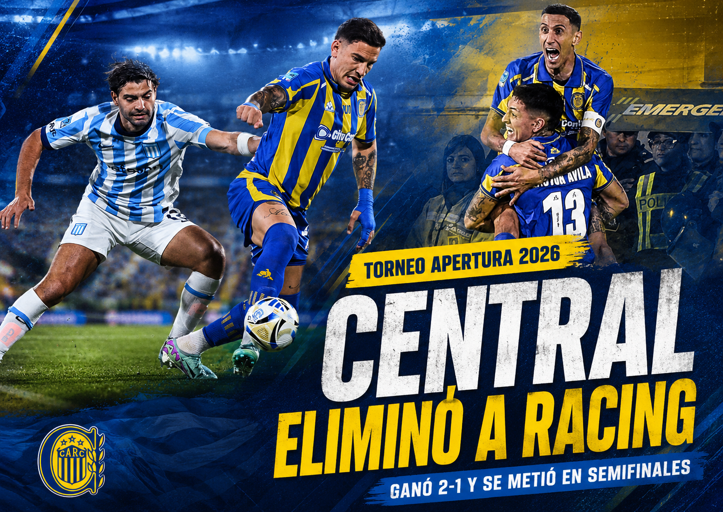 Rosario Central derrotó 2-1 a Racing en el Gigante de Arroyito, con goles de Gastón Ávila y Enzo Copetti, y avanzó a semifinales del Torneo Apertura 2026. Frase clave objetivo: Rosario Central le ganó a Racing