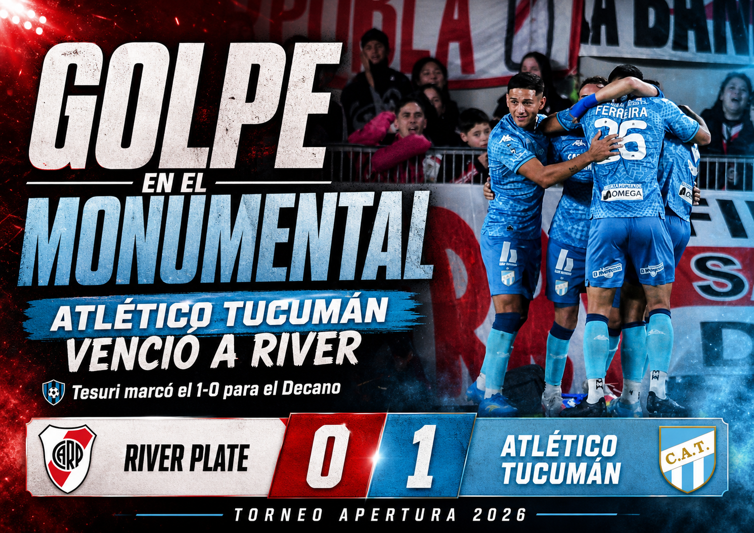 Atlético Tucumán venció 1-0 a River en el Monumental con gol de Renzo Tesuri. El Decano cortó una racha de 464 días sin ganar como visitante